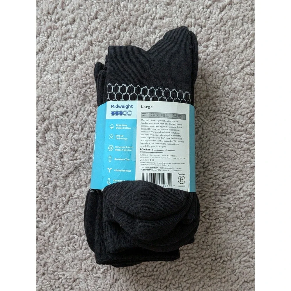 Bombas Midweight Socks Black Size Large Supima Cotton Mid Calf 4 Pairs NWT